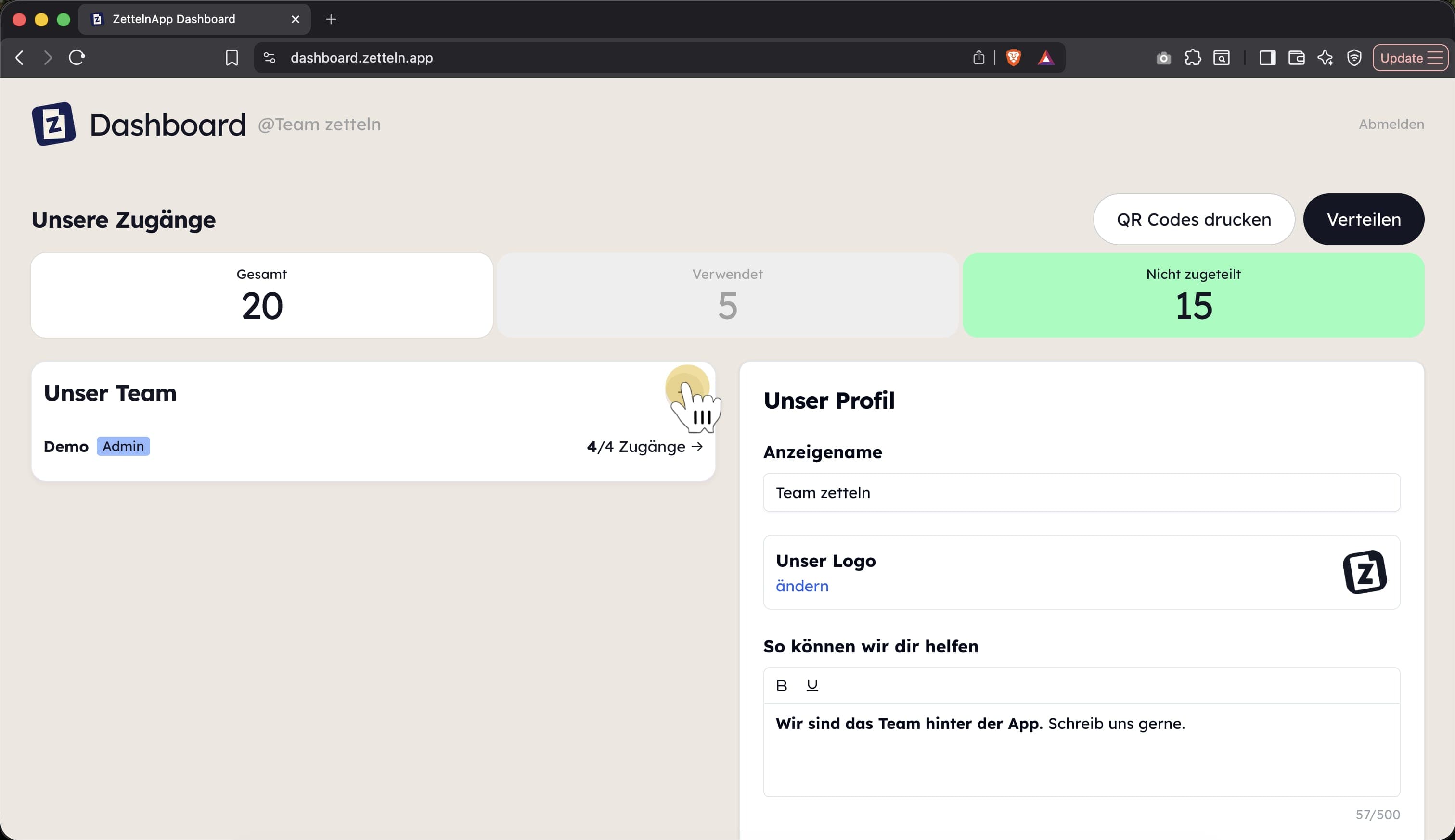 Das Plus-Icon zum Hinzufügen eines Teammitglieds im Team Dashboard