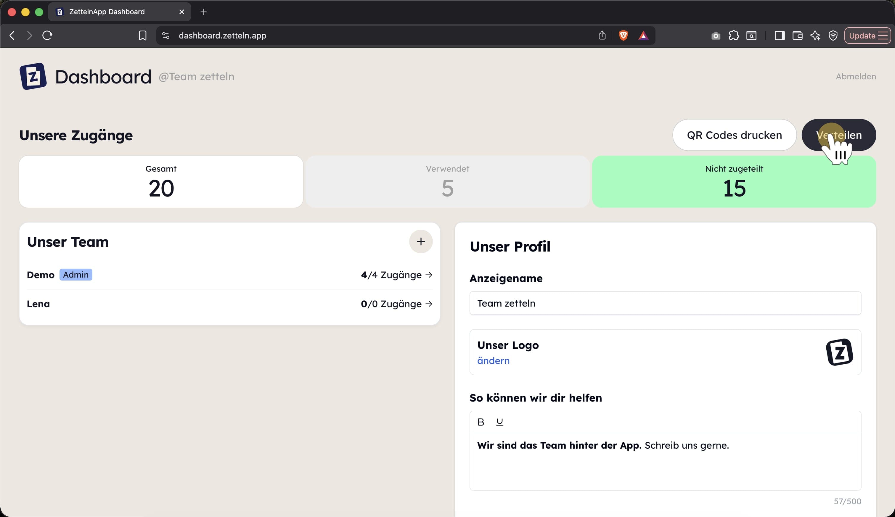 Der Button „Verteilen“ im Team Dashboard
