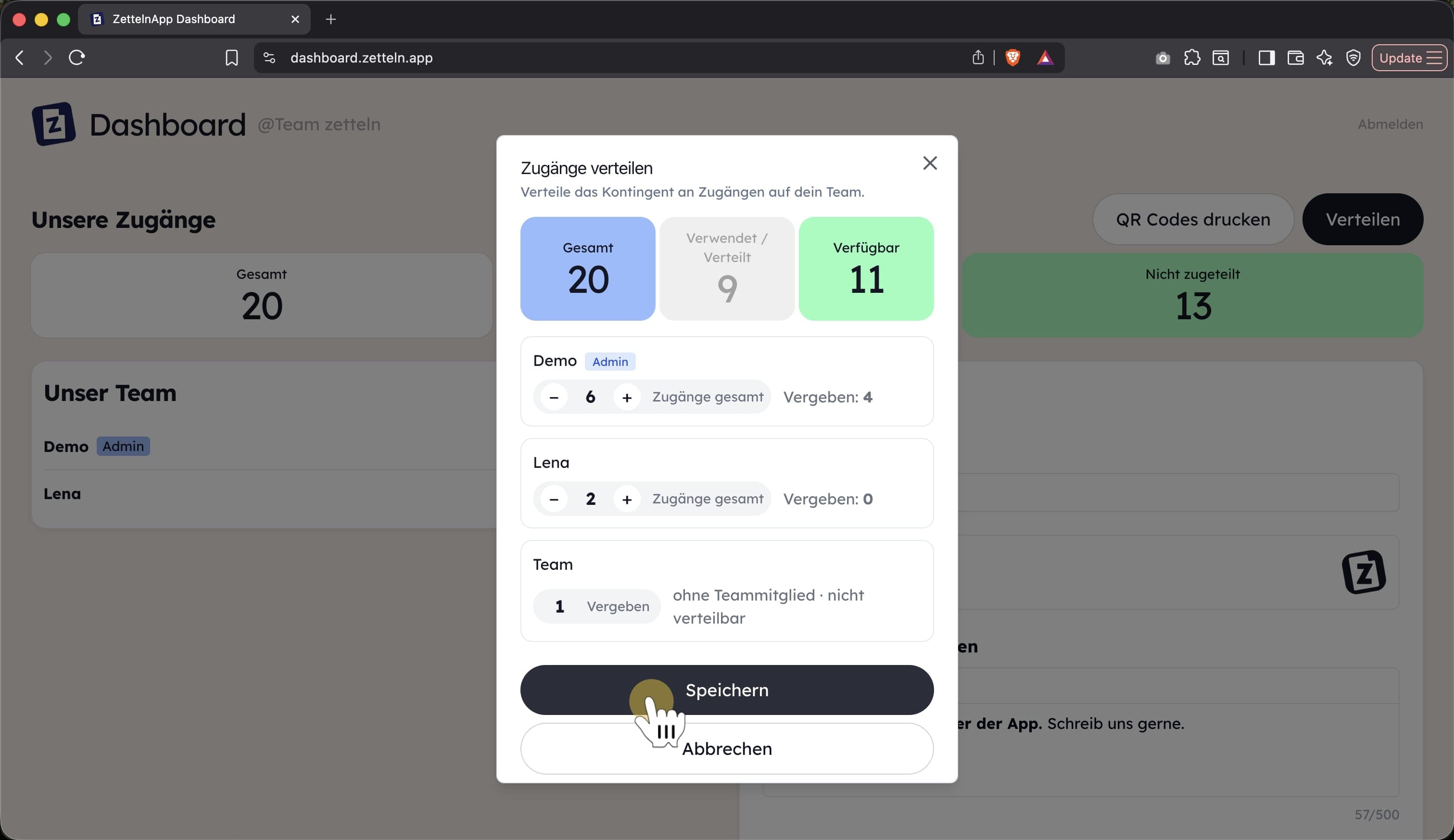 Button zum Speichern der Code-Verteilung im Team Dashboard