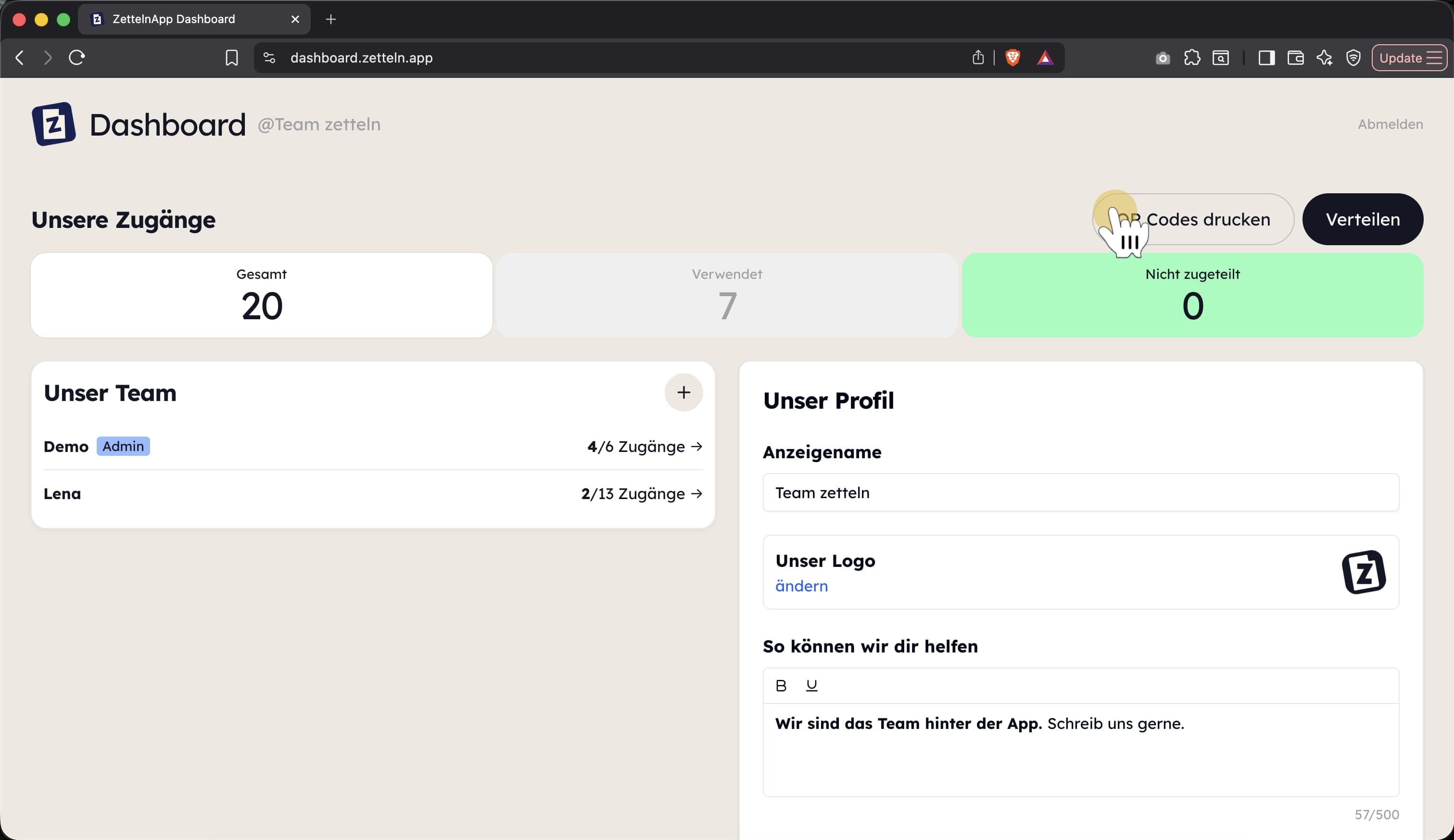 Der Button „QR Codes drucken“ im Team Dashboard