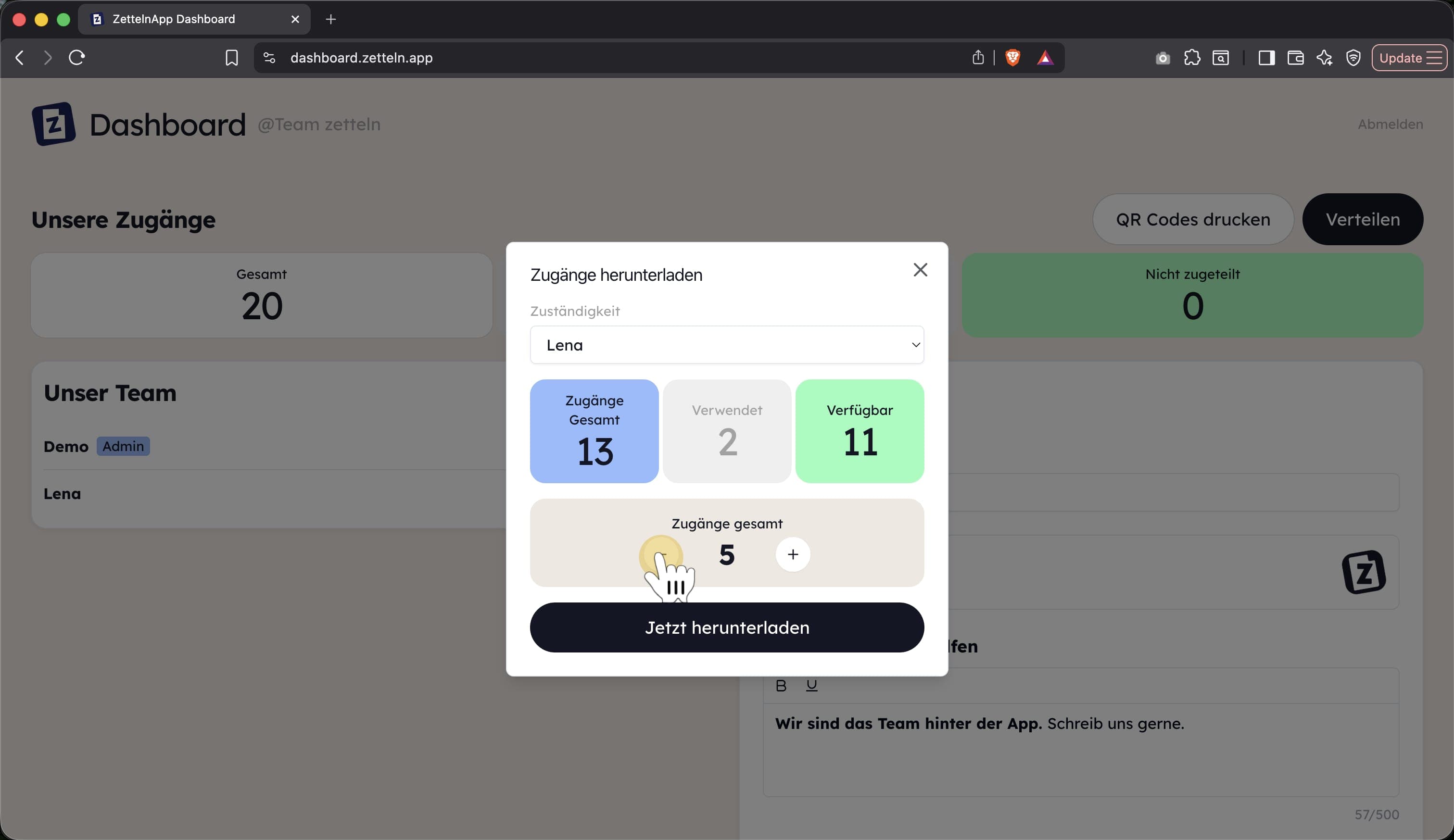 Eingabe der Anzahl an App-Zugängen im Team Dashboard