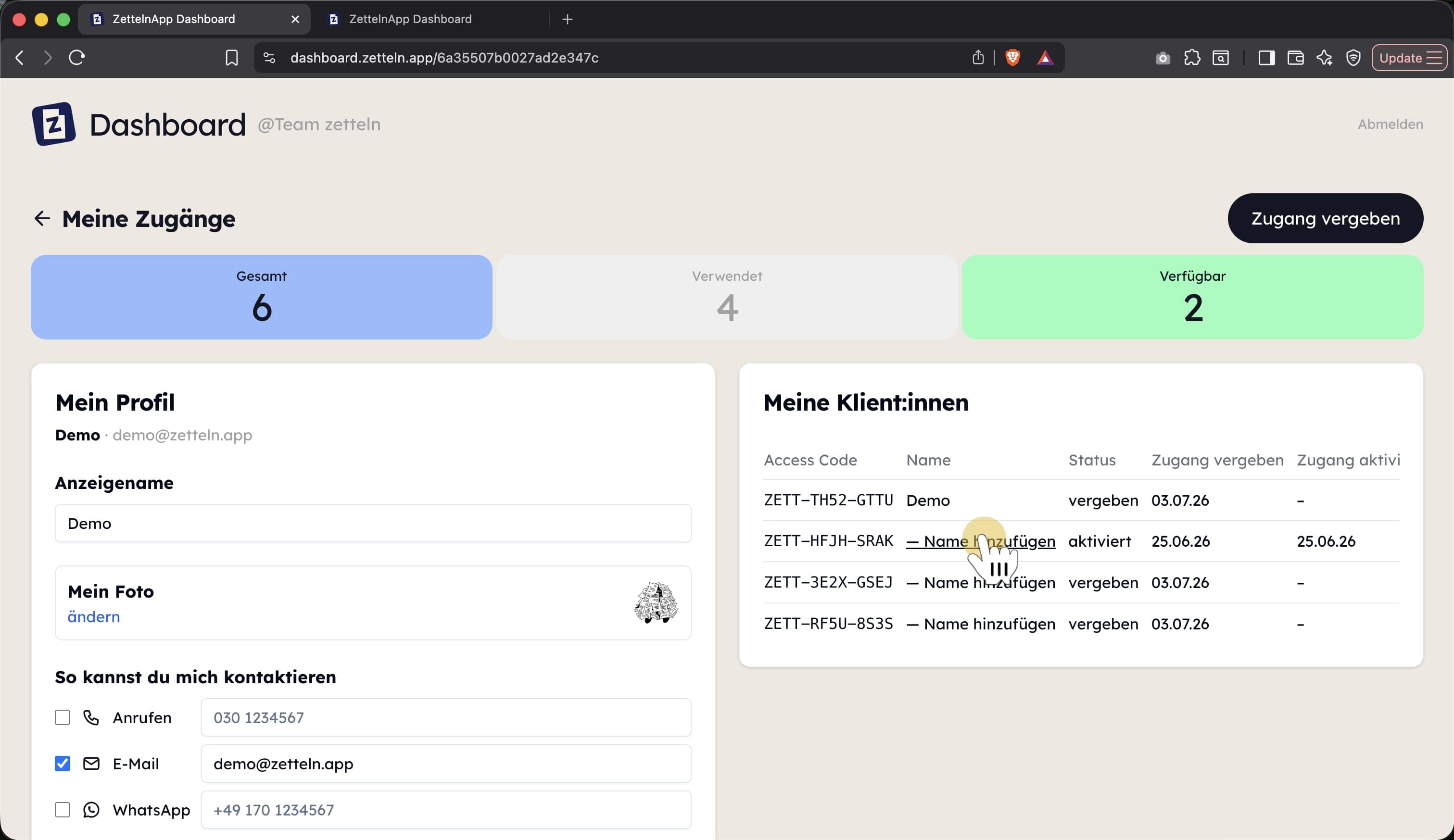 Nachträgliches Hinzufügen eines Namens zum Zugangscode im Team Dashboard