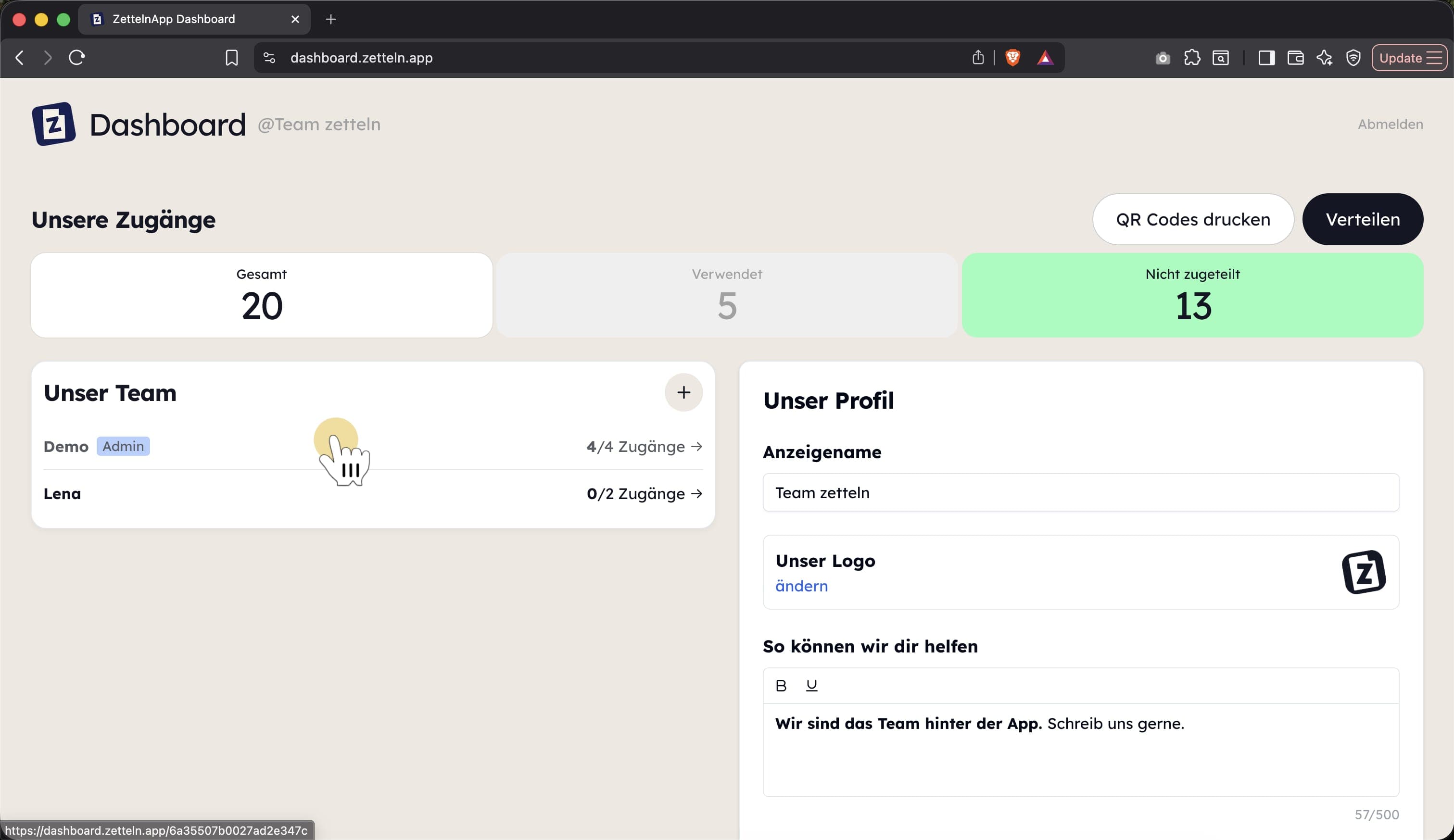 Der eigene Name in der Teamliste des Team Dashboards