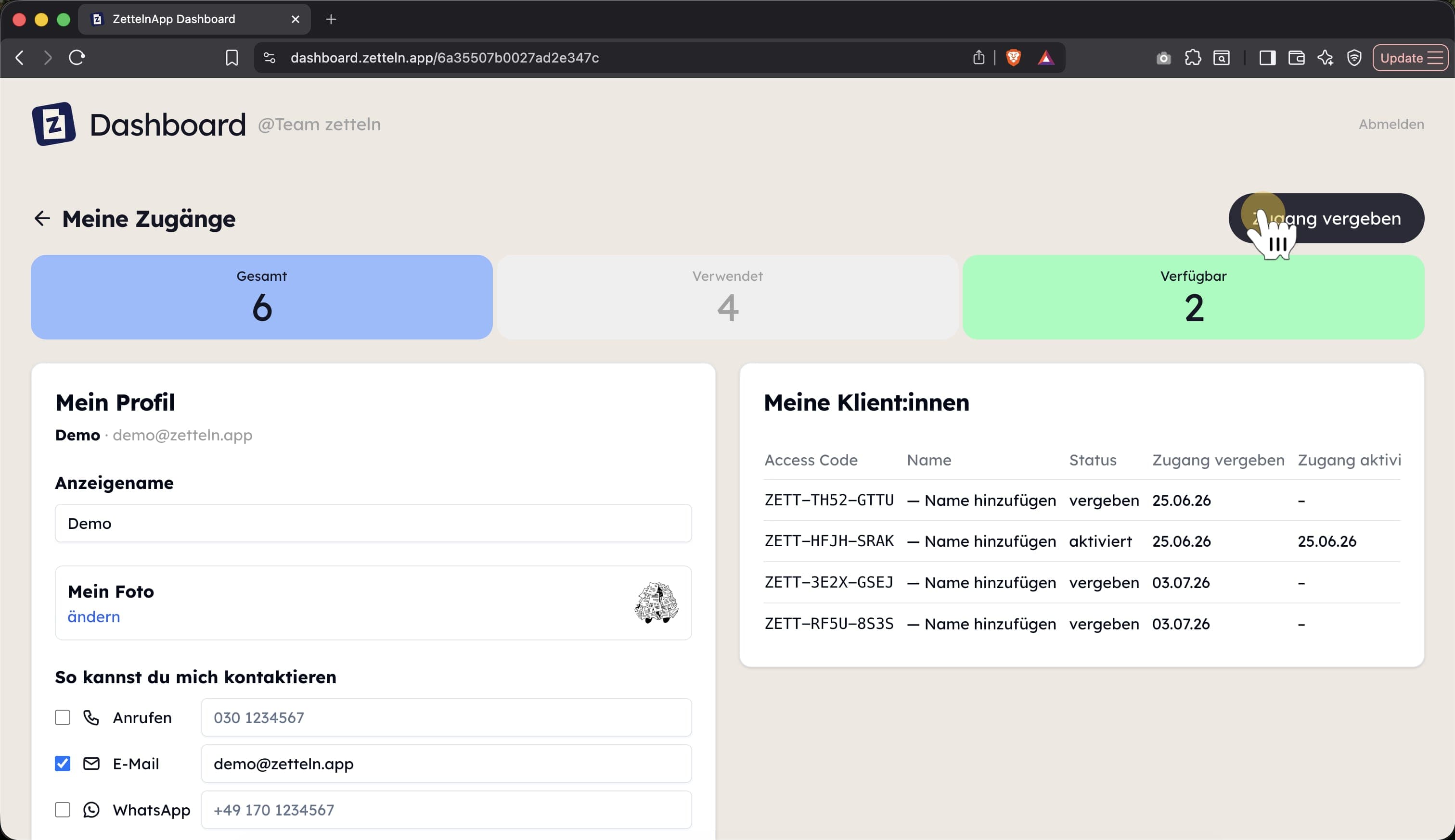 Der Button „Zugang vergeben“ im Profil eines Teammitglieds