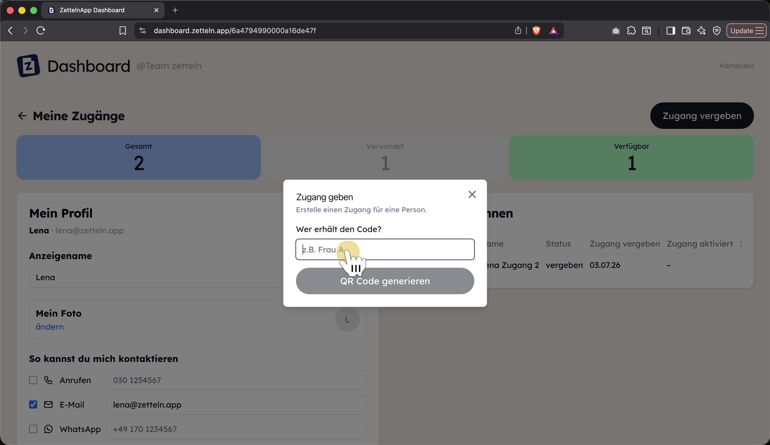 Eingabefeld für eine Notiz zum Zugangscode im Team Dashboard