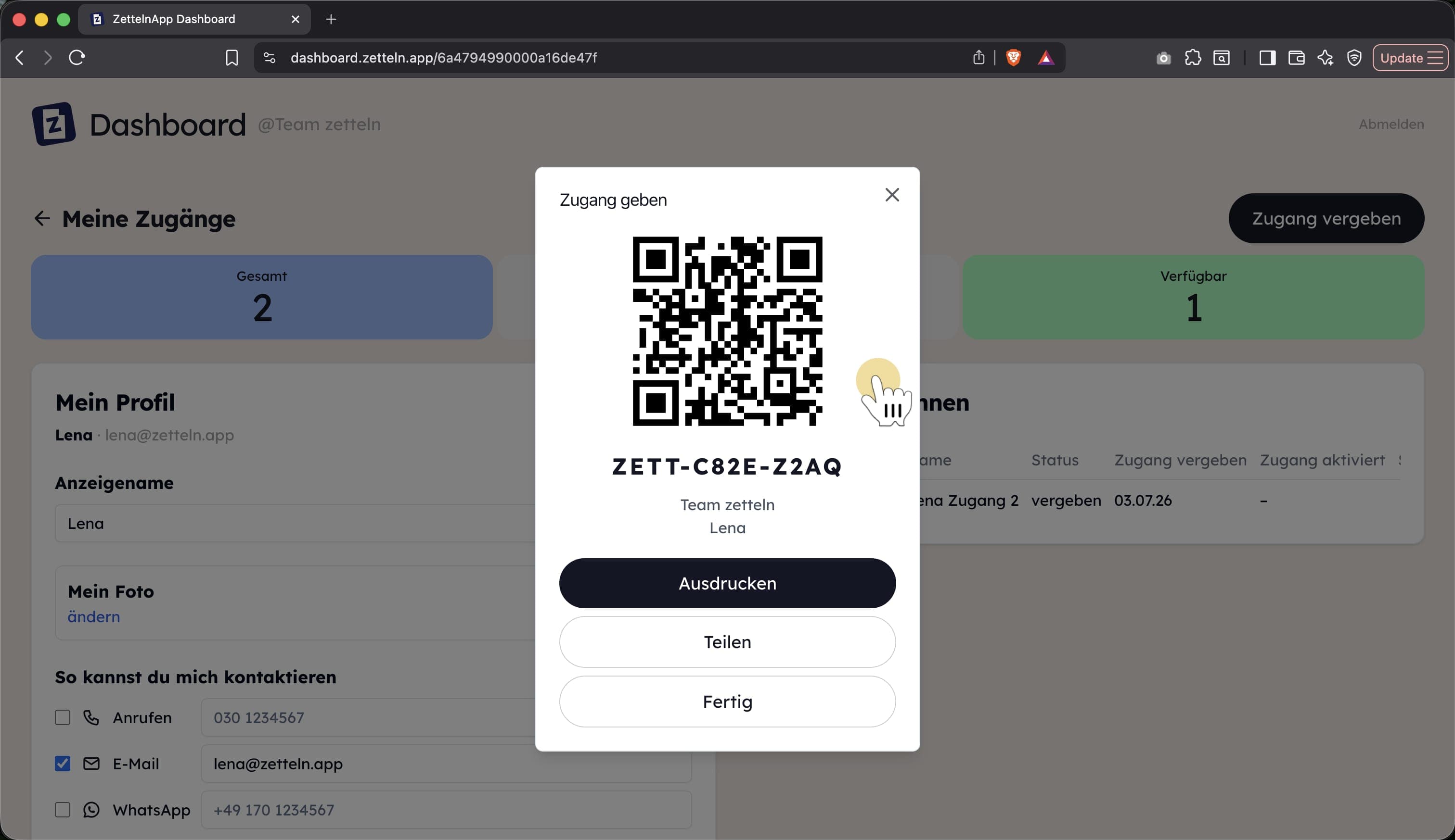 Optionen zum Teilen des QR-Codes im Team Dashboard