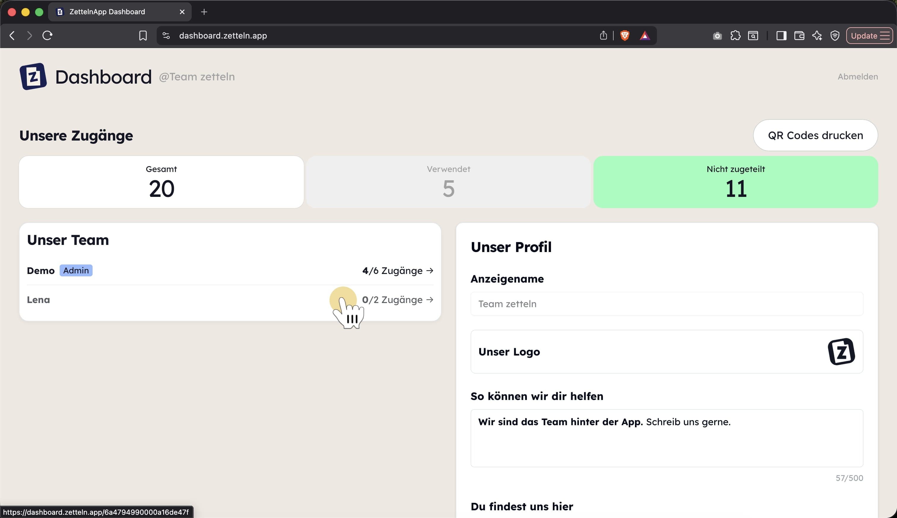 Liste der Teammitglieder im Team Dashboard
