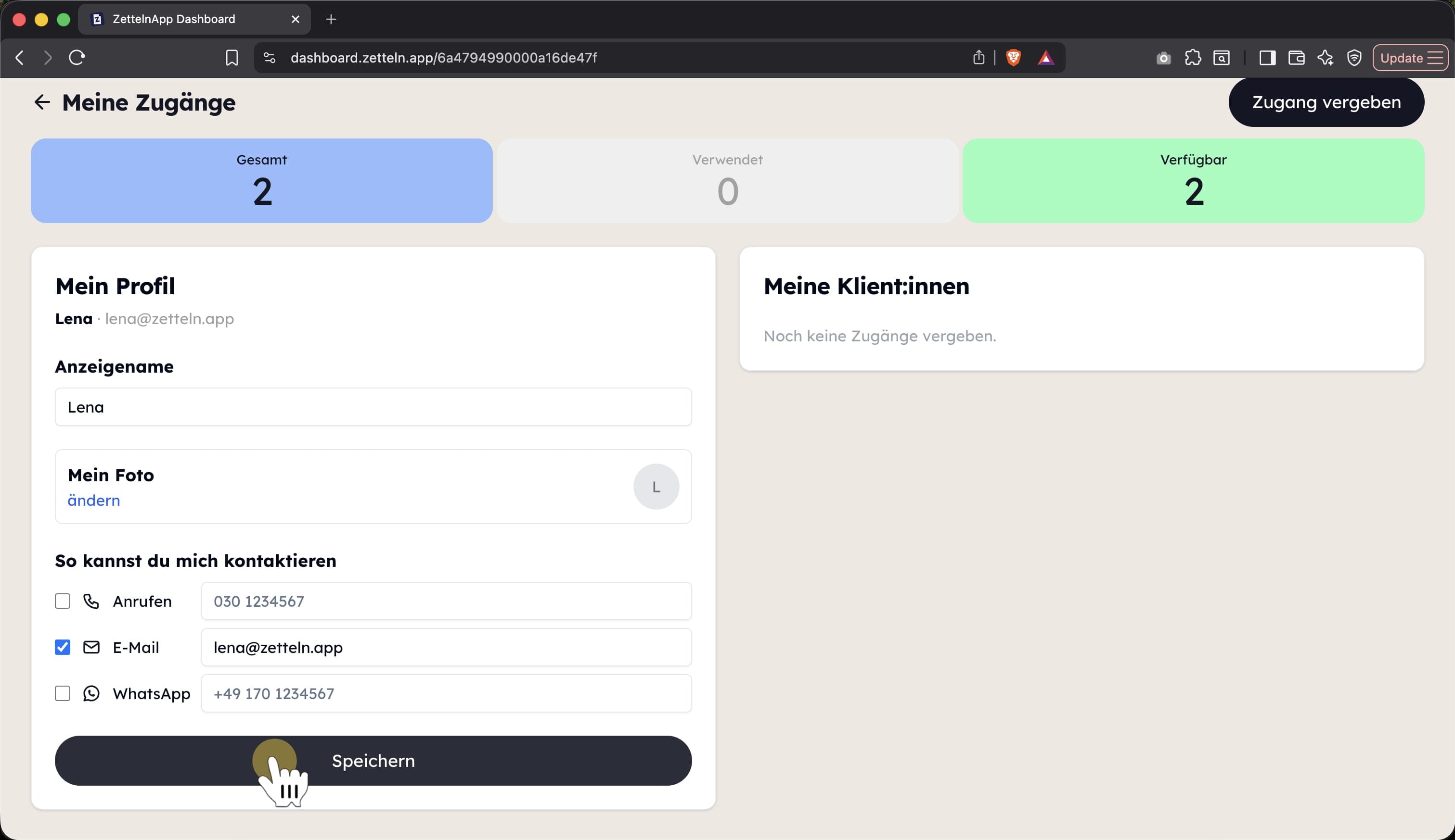 Button zum Speichern der Profiländerungen im Team Dashboard