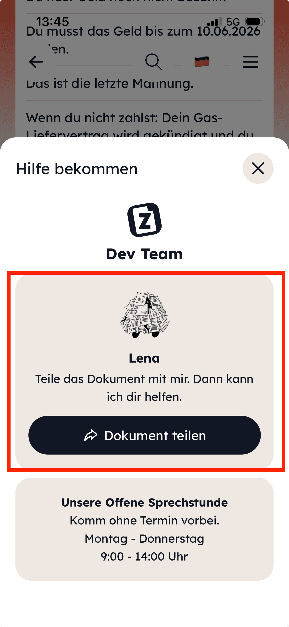 Das Profil eines Teammitglieds in der Hilfe-Ansicht der Zetteln-App