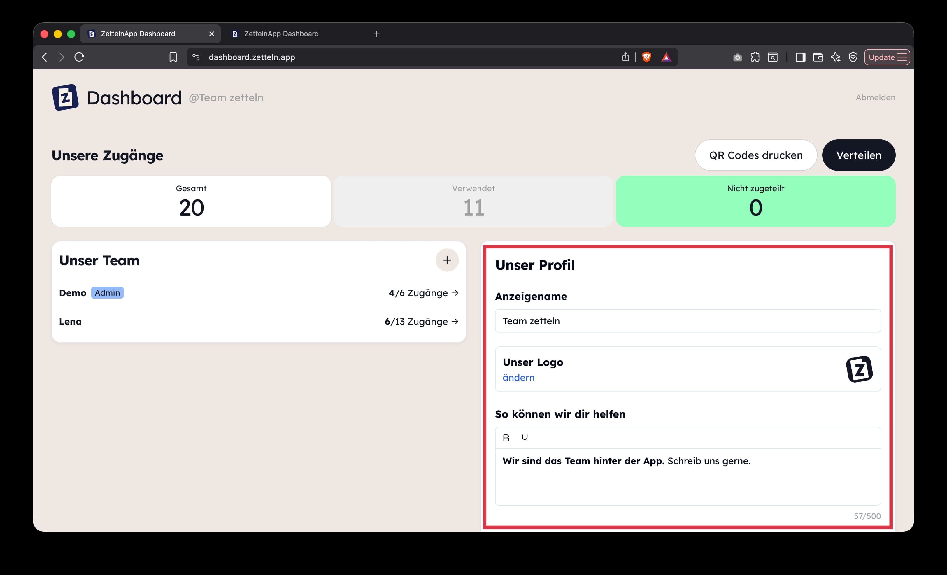 Das Team Profil im Team Dashboard mit Logo und Beschreibung