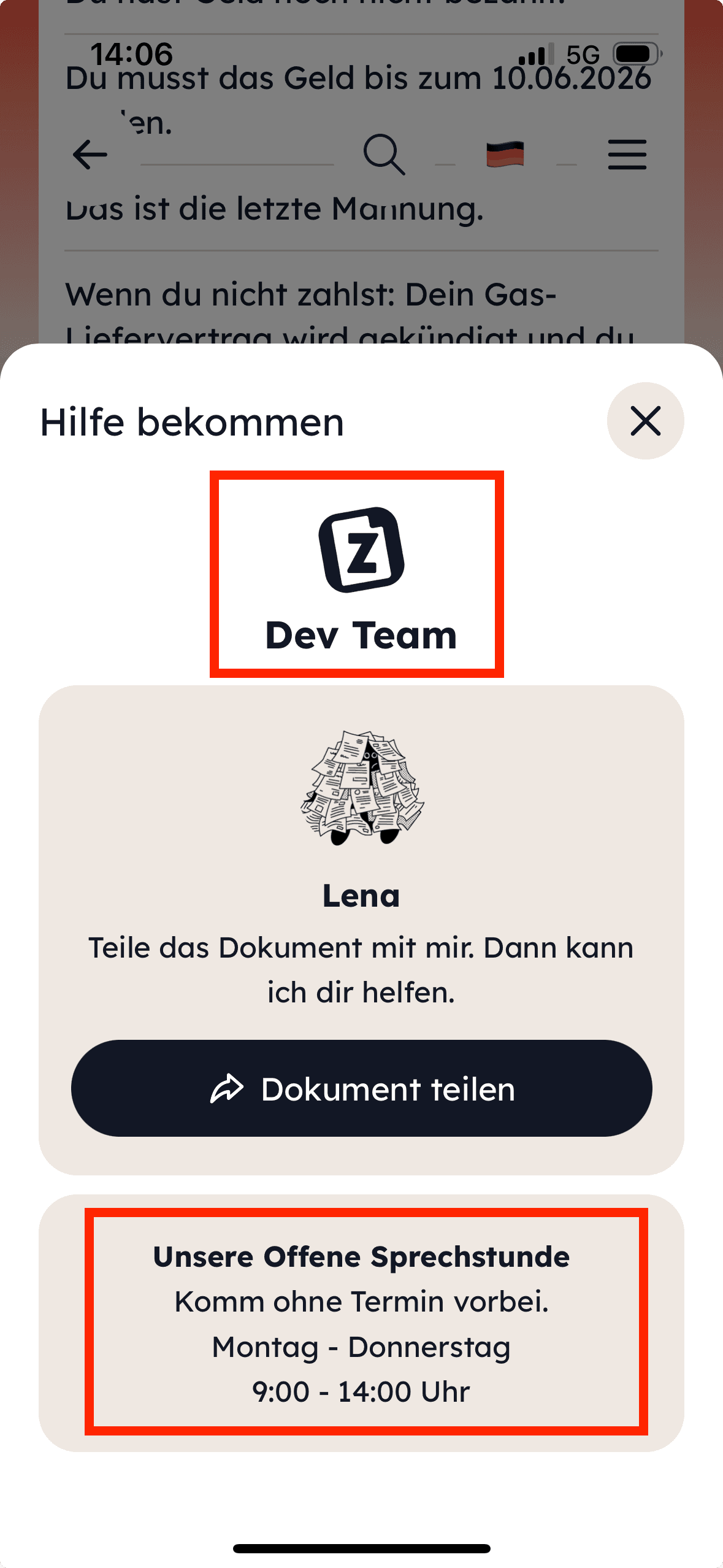 Das Team Profil in der Hilfe-Ansicht der Zetteln-App