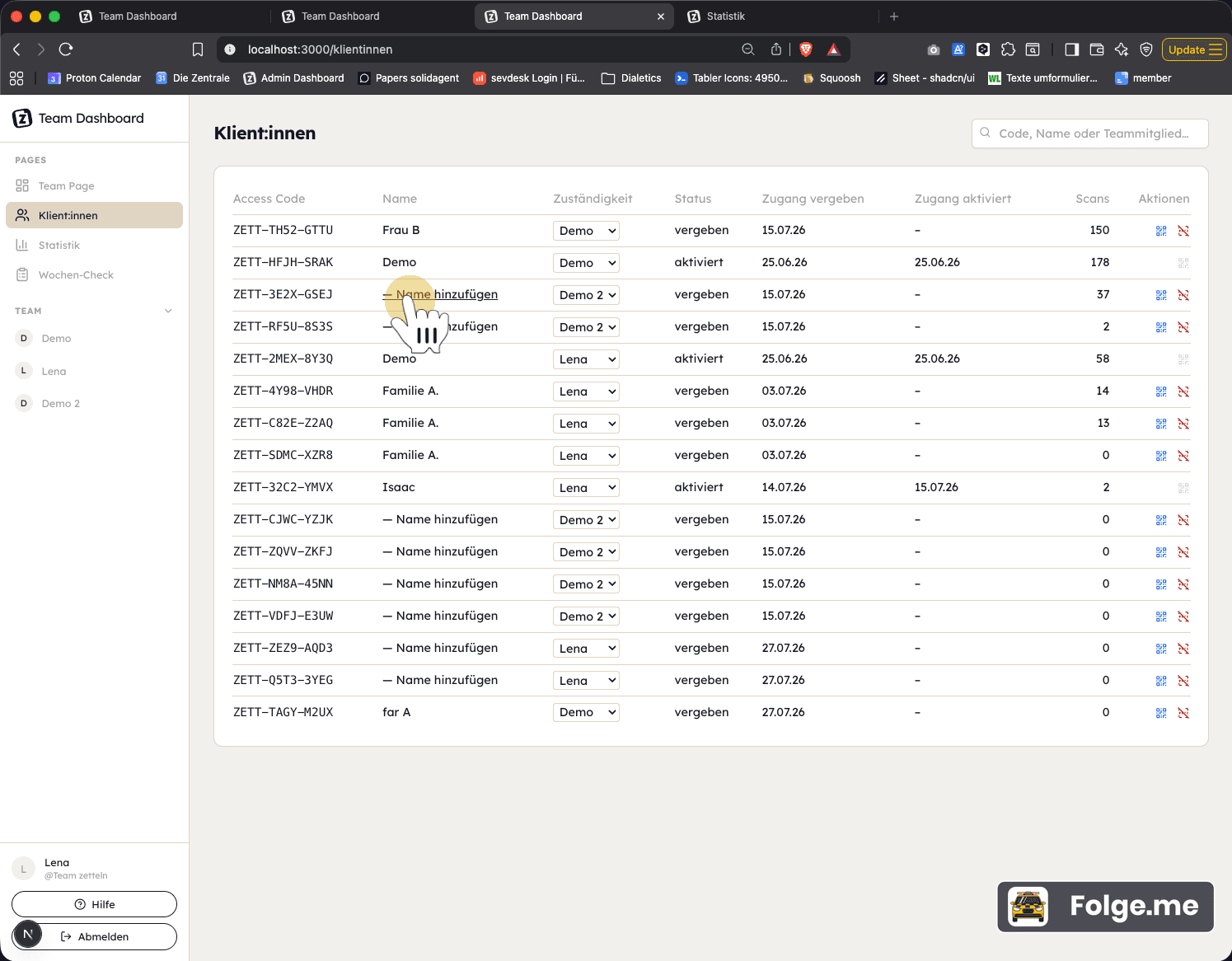 Das Feld „Name hinzufügen“ in der Klient:innen-Liste