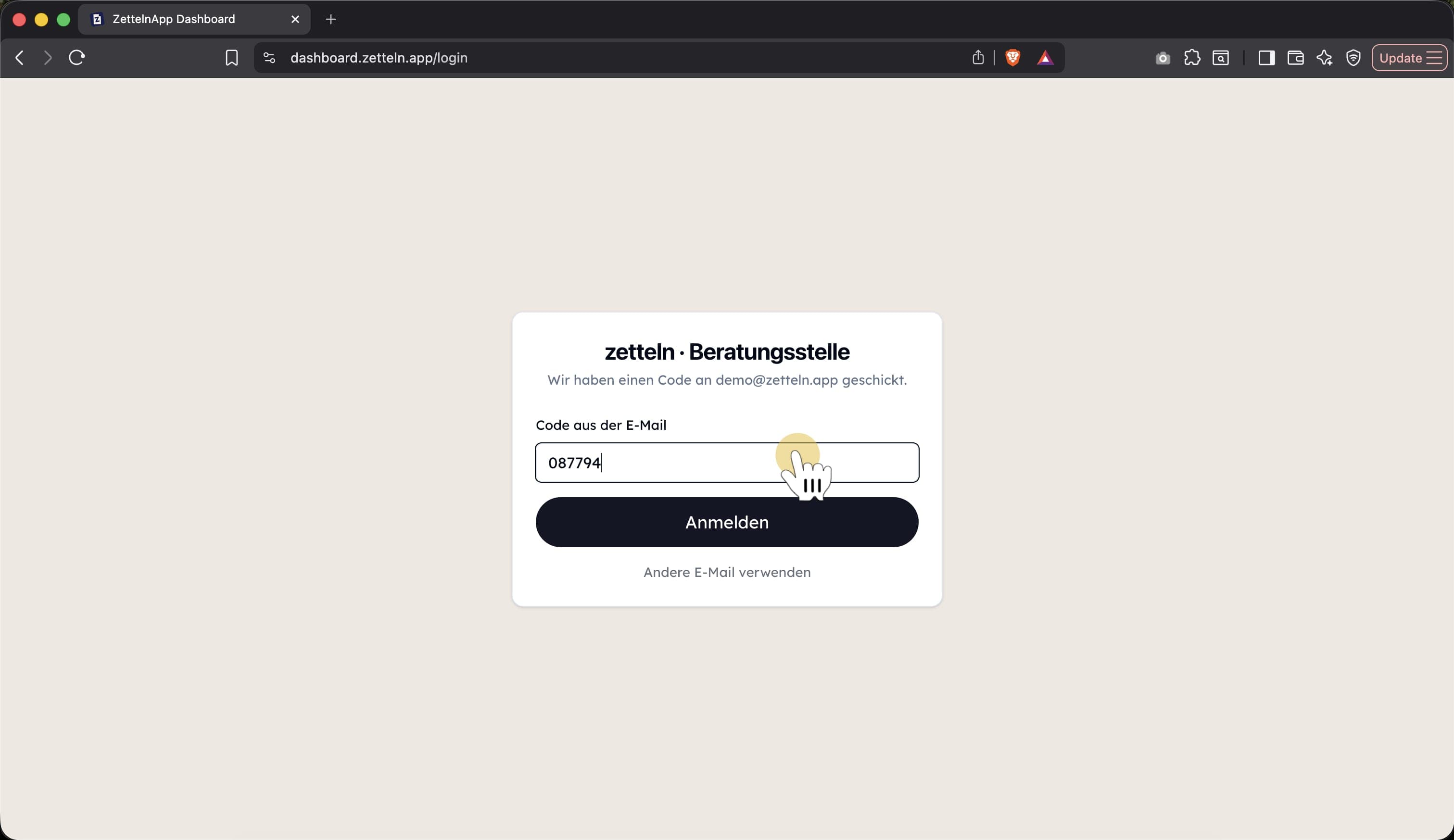 Eingabefeld für den Zugangscode im Team Dashboard